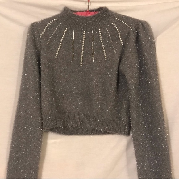 Our 12th Cropped Fuzzy Silver Sweater with Rhinestones and Pearls - Picture 1 of 11